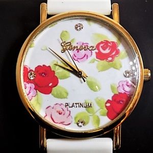 Geneva Platinum Watch 4 Crystals with White Band